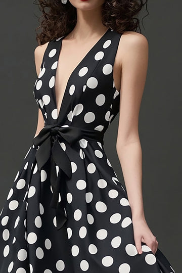 Black and White Satin Maxi Deep V-Neck A Line Polka Dot Dress with Bow